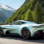 **

Aston Martin Valhalla showcasing its aerodynamic design on a winding mountain road.  Visible active aero features (rear wing). Lush green scenery, bright sunny day. Focus on the car's sleek lines and dynamic performance.  Carbon fiber details visible.  Hybrid supercar.

**