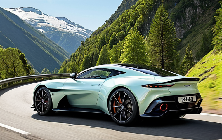 **

Aston Martin Valhalla showcasing its aerodynamic design on a winding mountain road.  Visible active aero features (rear wing). Lush green scenery, bright sunny day. Focus on the car's sleek lines and dynamic performance.  Carbon fiber details visible.  Hybrid supercar.

**