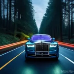 롤스로이스 팬텀의 최신 안전 기술 - **A Rolls-Royce Phantom utilizing Night Vision technology on a dark, winding forest road at dusk.** ...