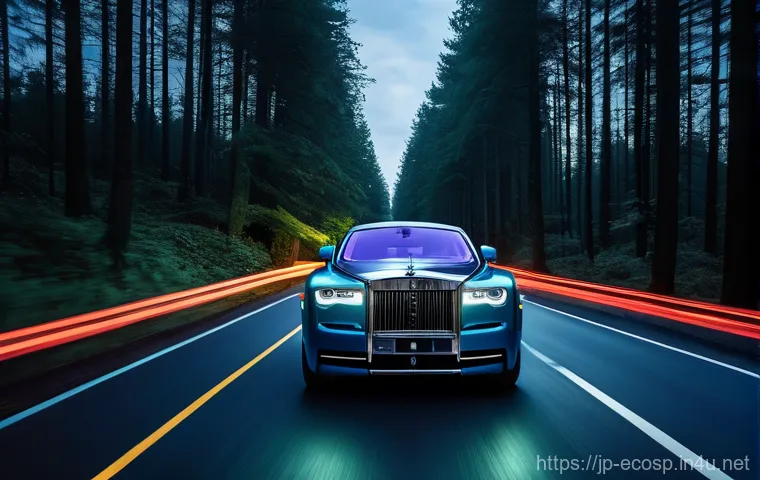 롤스로이스 팬텀의 최신 안전 기술 - **A Rolls-Royce Phantom utilizing Night Vision technology on a dark, winding forest road at dusk.** ...